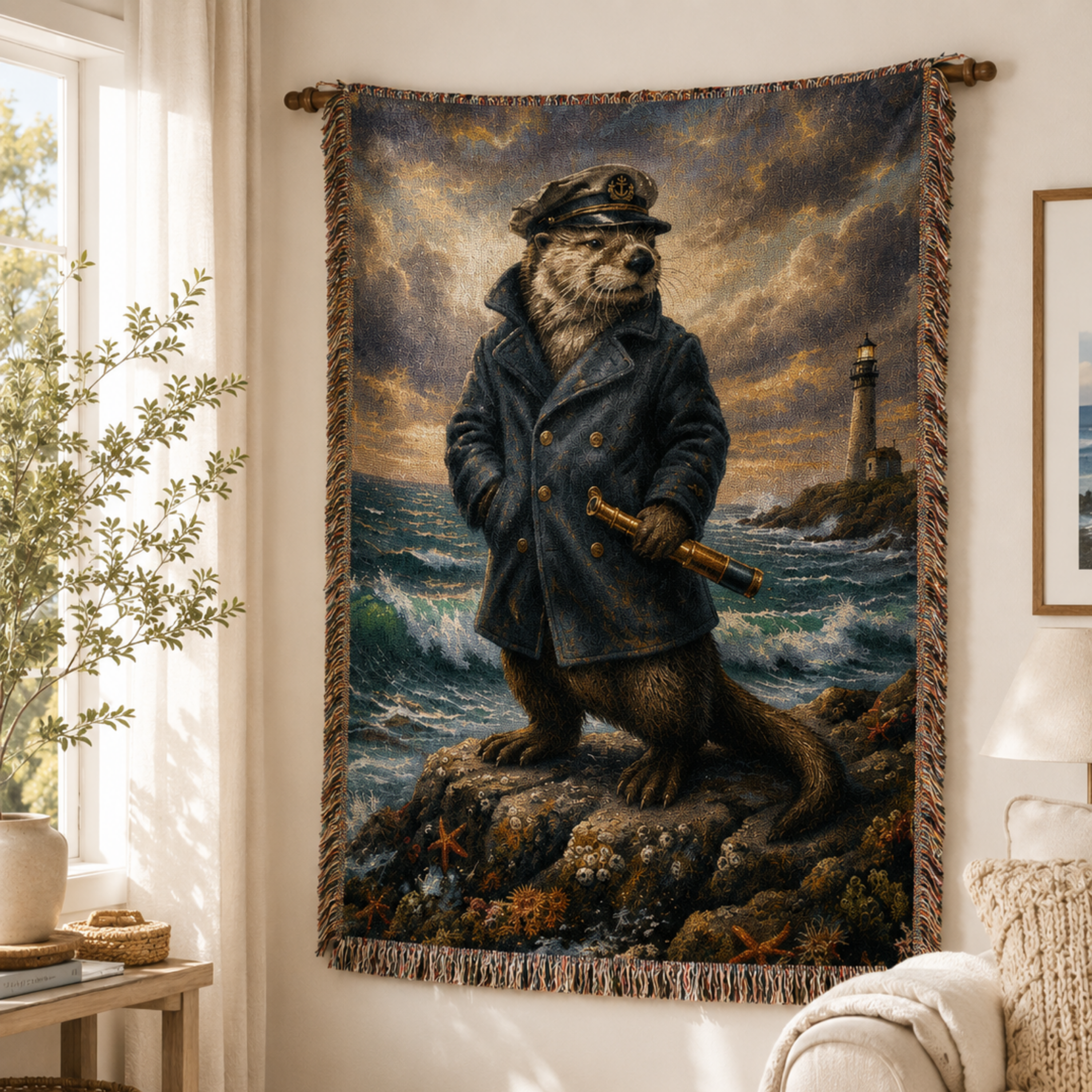 Captain Silas nautical otter woven cotton throw blanket hung as wall tapestry in dark wood cabin interior, mariner portrait with lighthouse and crashing waves, brass oil lamp and stacked books beside white armchair