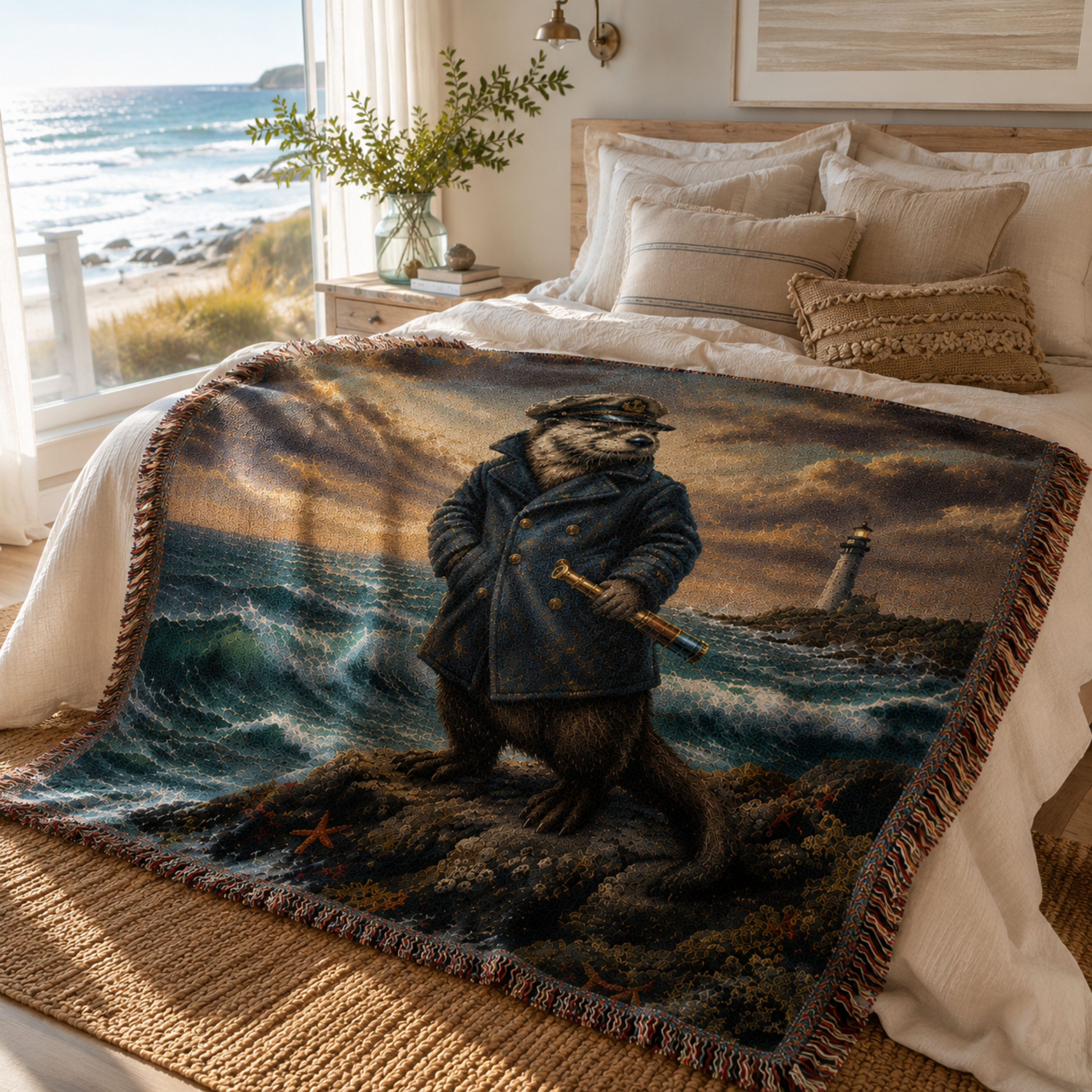 Captain Silas nautical otter woven cotton throw blanket draped across linen bed in coastal bedroom, real ocean and rocky coastline visible through window, brass sconce and woven nightstand