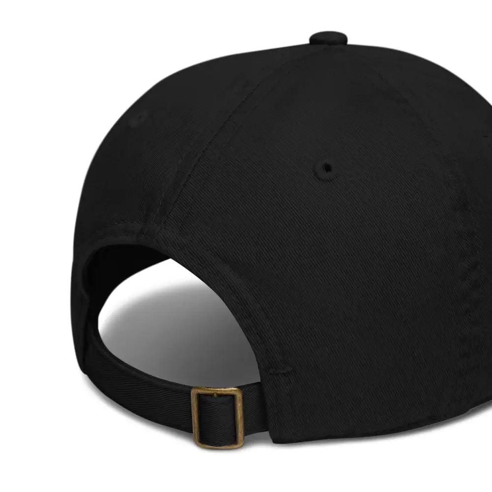 Trini Skies organic cotton dad hat with brass buckle