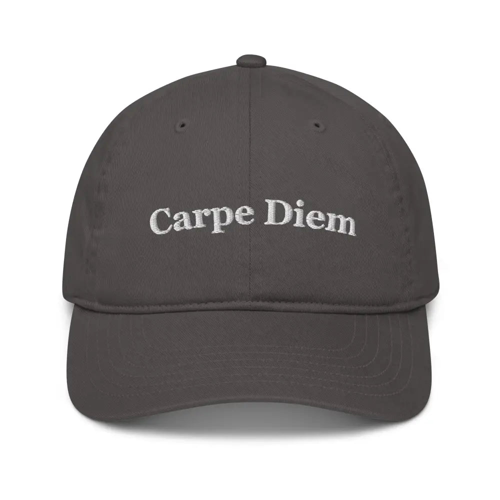 Trini Skies organic cotton dad cap with Carpe Diem embroidery