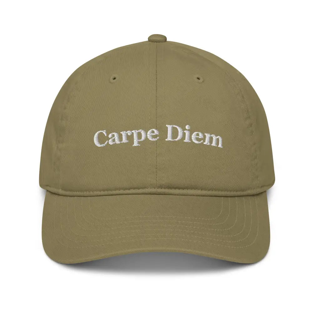 Trini Skies organic cotton dad cap with olive green Carpe Diem embroidery