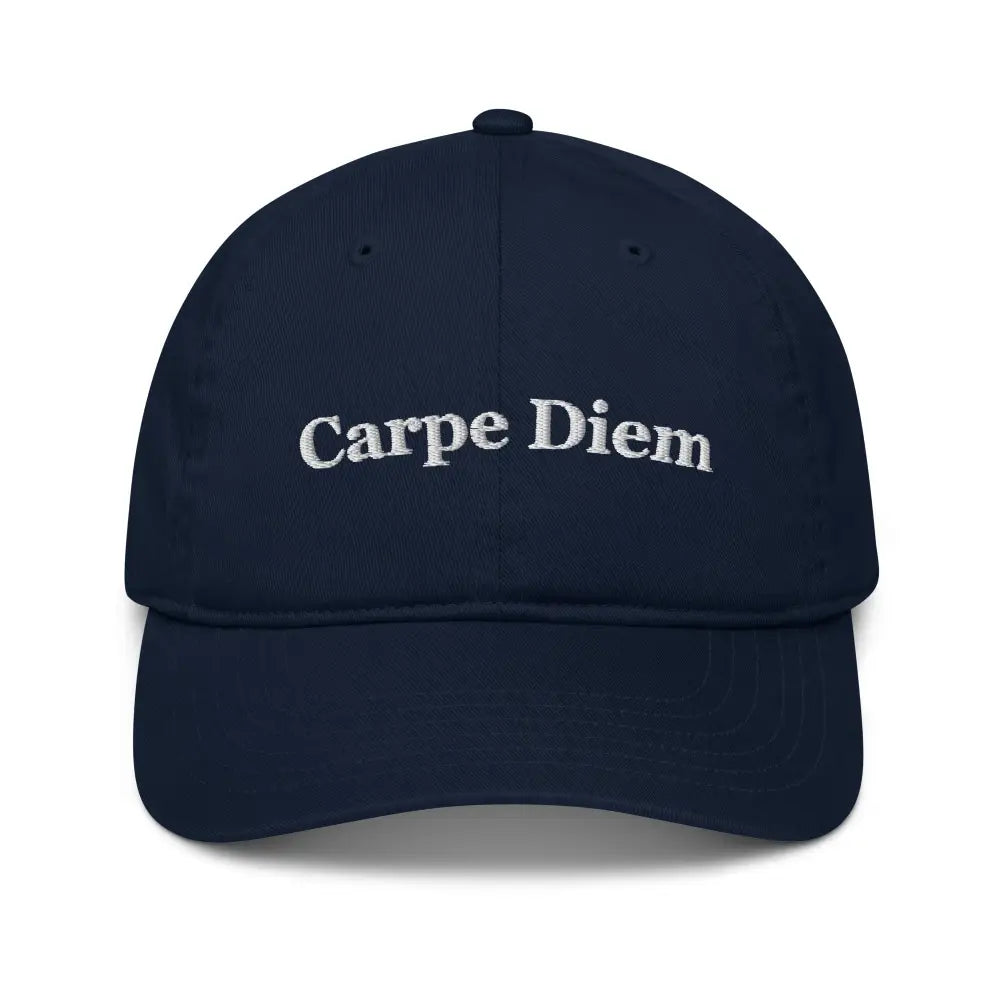 Trini Skies organic cotton dad cap with navy blue embroidered Carpe Diem