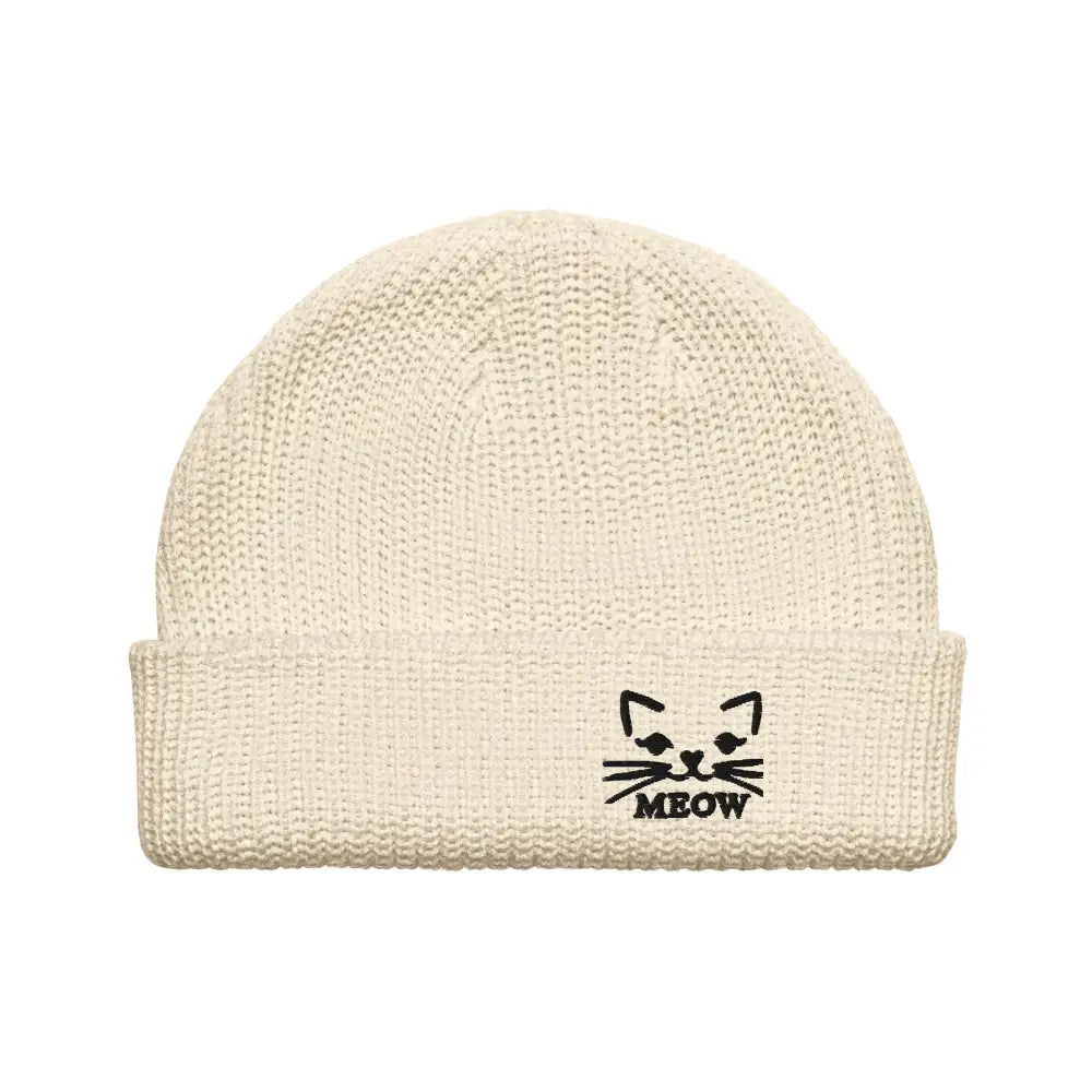 Cream beanie for embroidered cat lovers with black cat face and MEOW embroidery