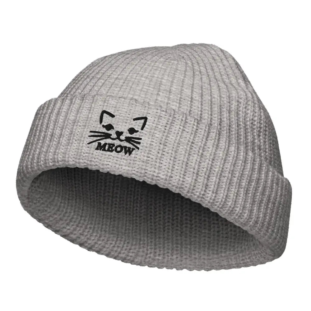 Light gray knitted beanie with black cat face and MEOW embroidery for cat lovers