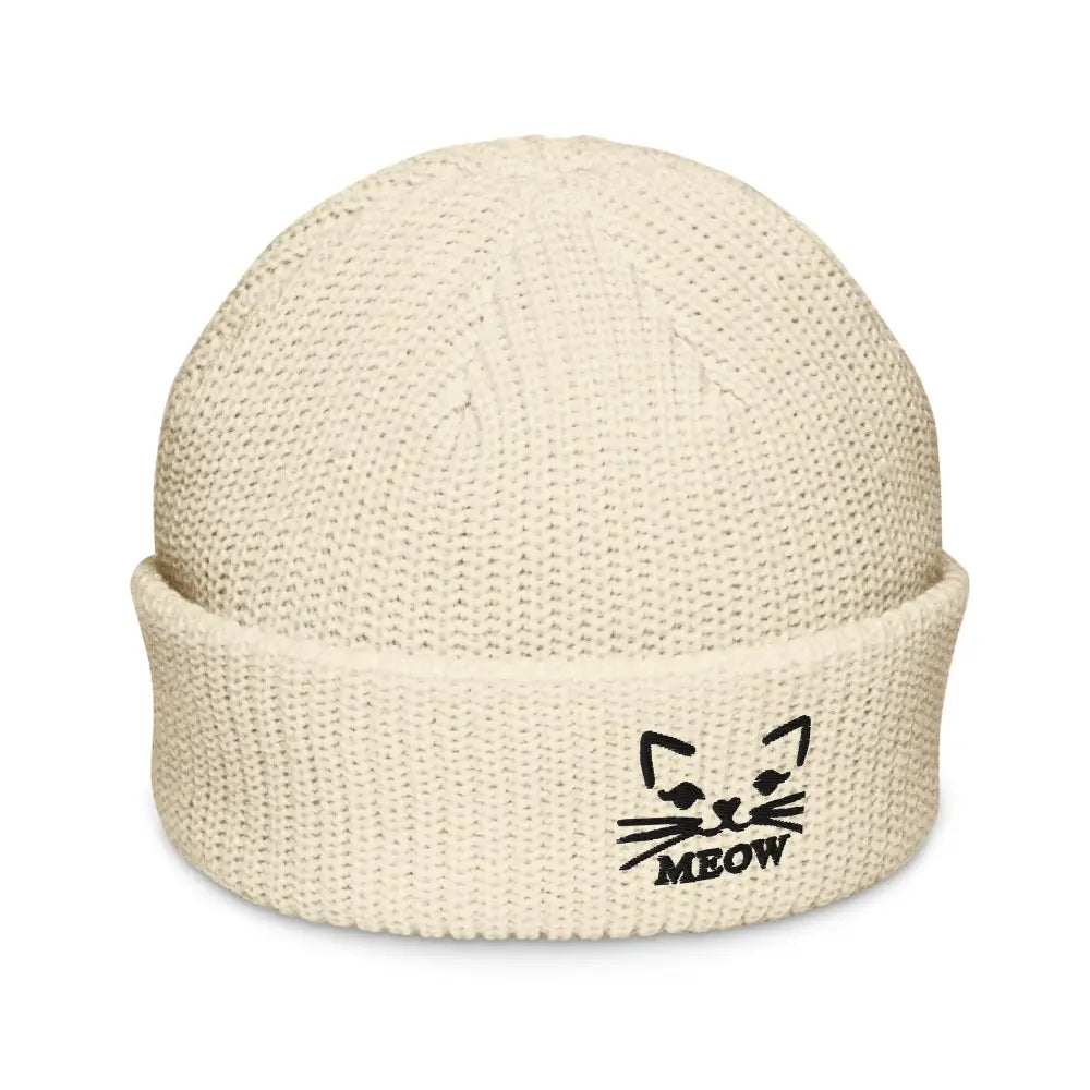 Off-white knit beanie with black embroidered cat face and MEOW brim for embroidered cat lovers