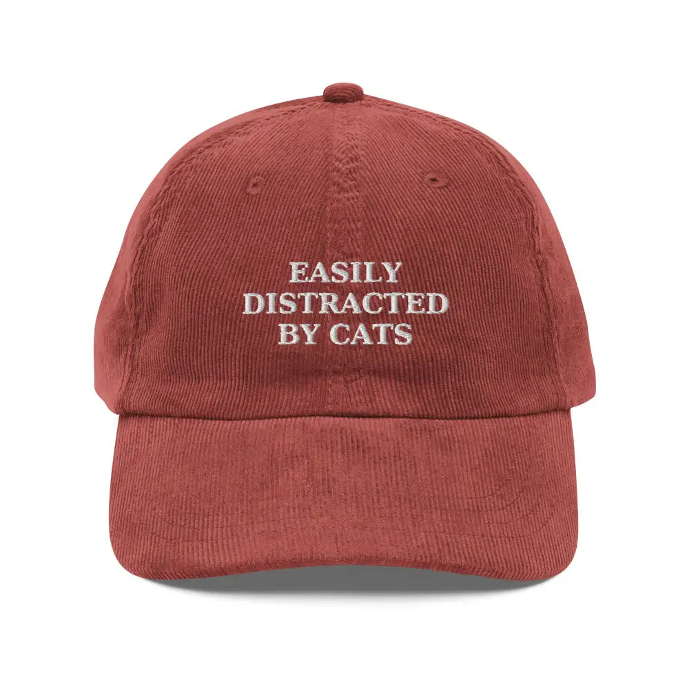 Red cats embroidered vintage corduroy hat with adjustable strap