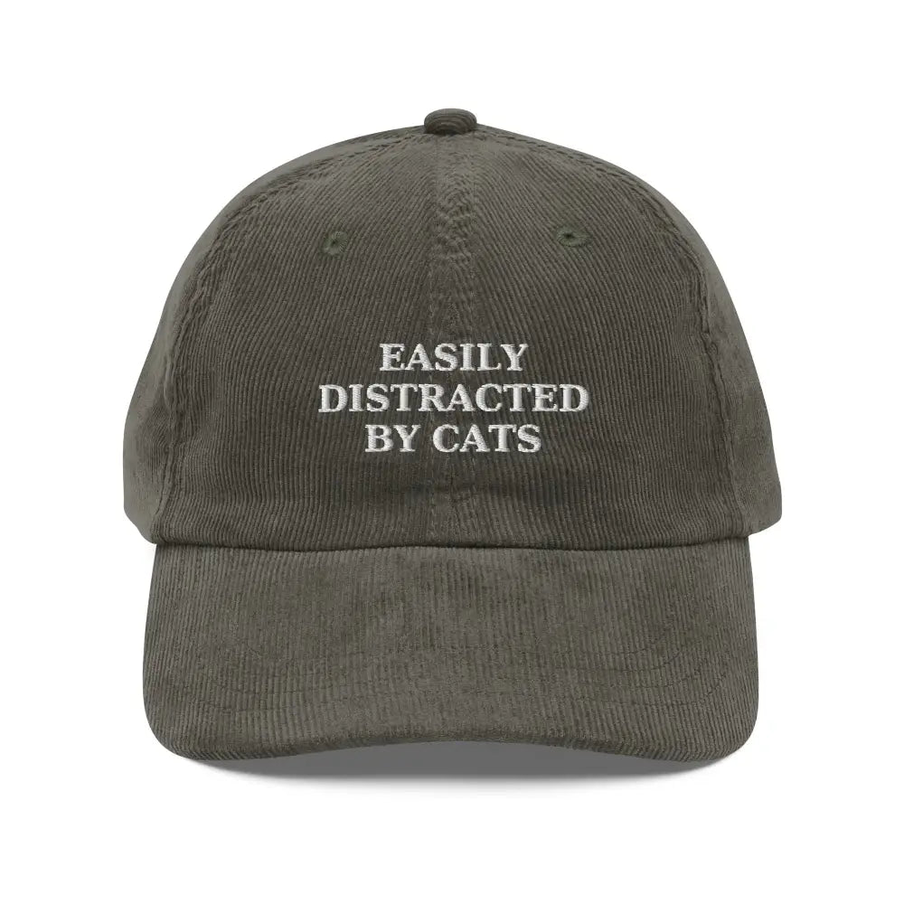 Cats embroidered vintage corduroy hat in olive green with adjustable strap