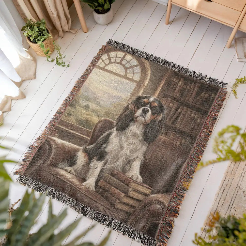 Woven cotton heritage blanket with cavalier king charles spaniel on green library chair