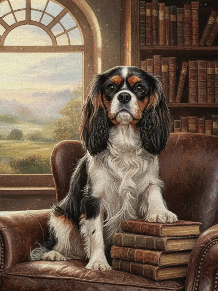 Tri-color Cavalier King Charles Spaniel on green library chair, woven cotton heritage blanket