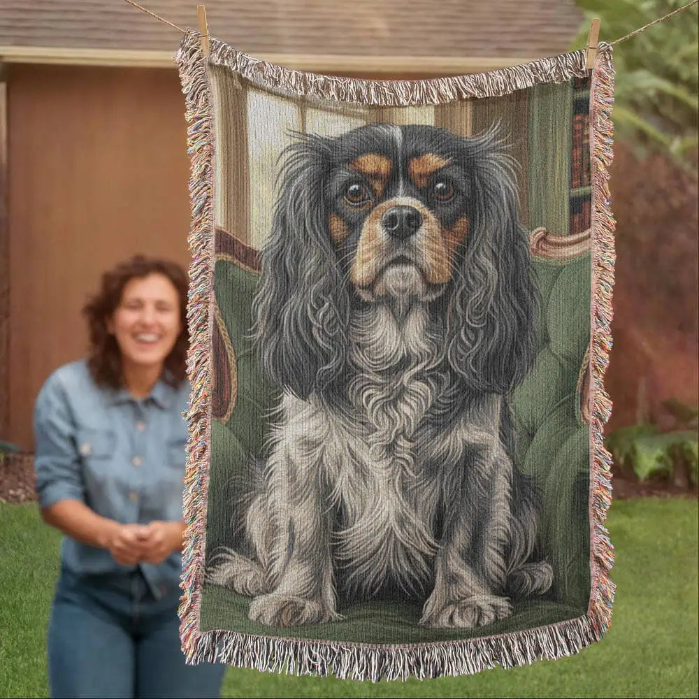 Woven cotton heritage blanket with Cavalier King Charles Spaniel on green library chair