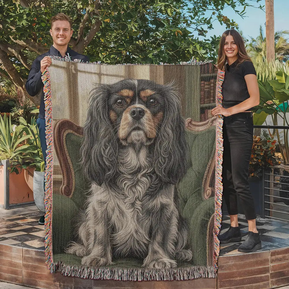 Woven cotton heritage blanket with Cavalier King Charles Spaniel on green library chair