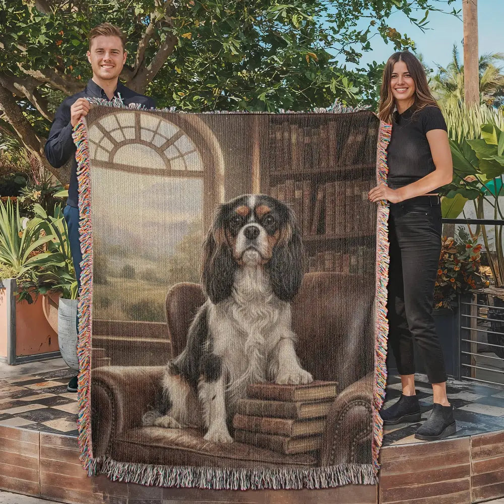 Cavalier King Charles Spaniel on green library chair in woven cotton heritage blanket