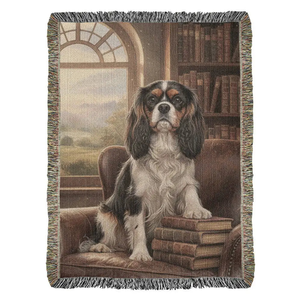 Cavalier King Charles Spaniel on green library chair in woven cotton heritage blanket