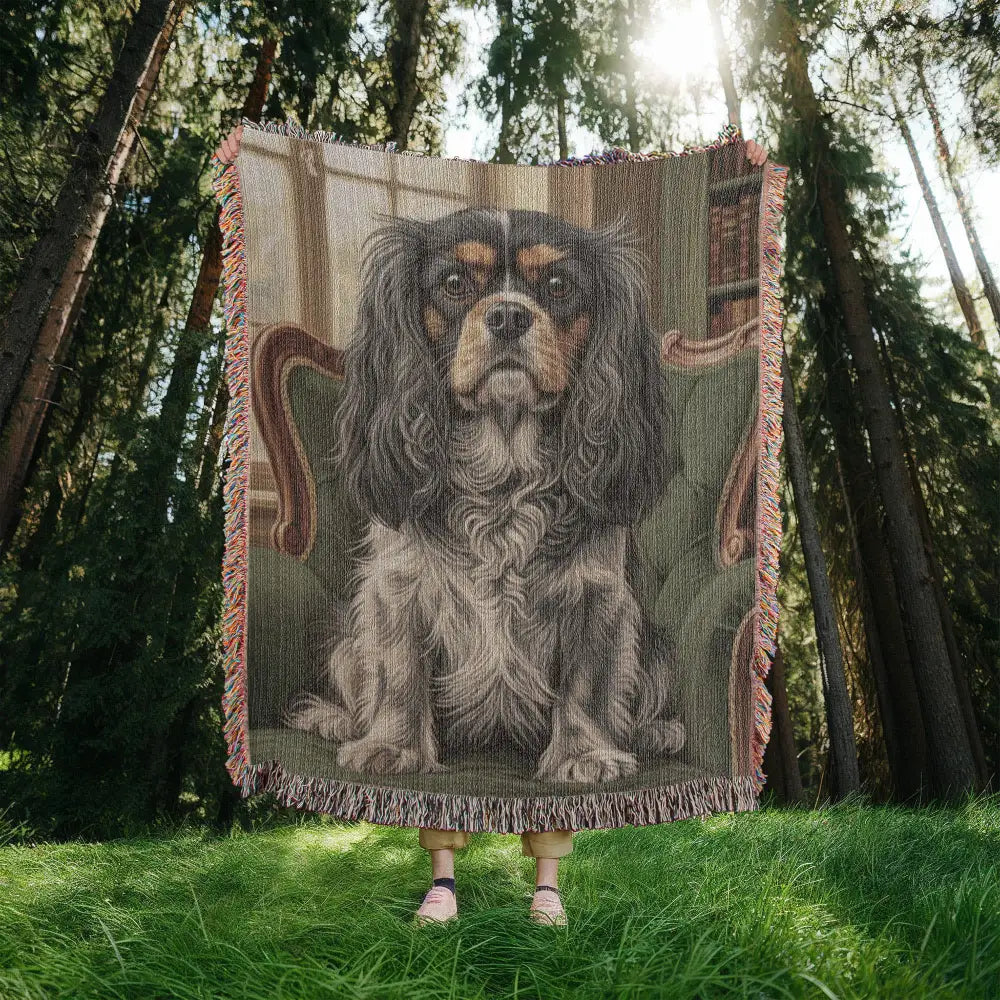 Woven cotton heritage blanket with Cavalier King Charles Spaniel on green library chair