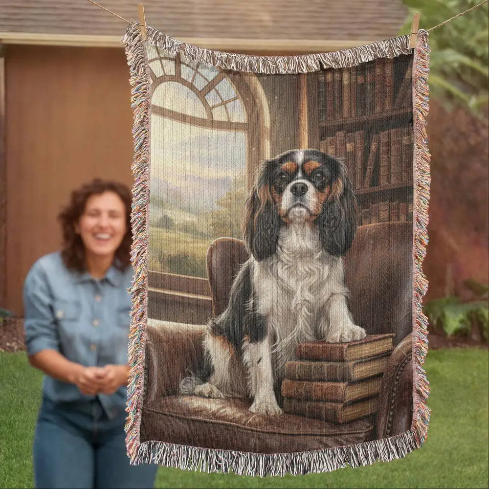 Cavalier King Charles Spaniel on green library chair in woven cotton heritage blanket