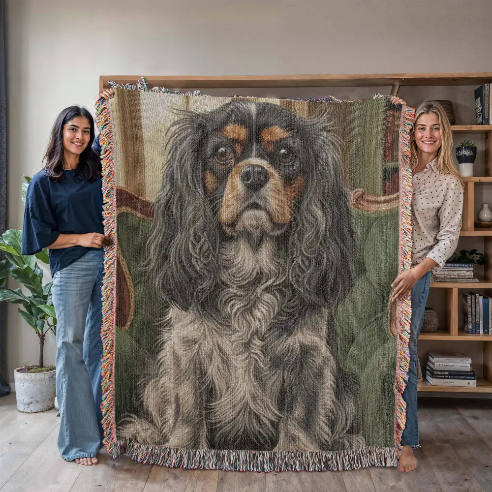 Woven cotton heritage blanket with Cavalier King Charles Spaniel on green library chair