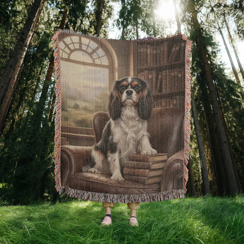 Regal Cavalier King Charles Spaniel in green library chair on woven cotton heritage blanket