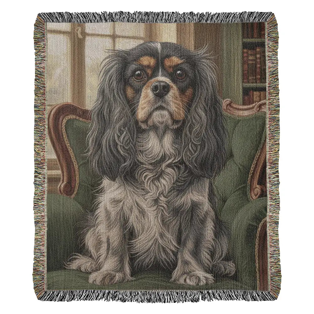 Woven cotton heritage blanket of Cavalier King Charles Spaniel on green library chair