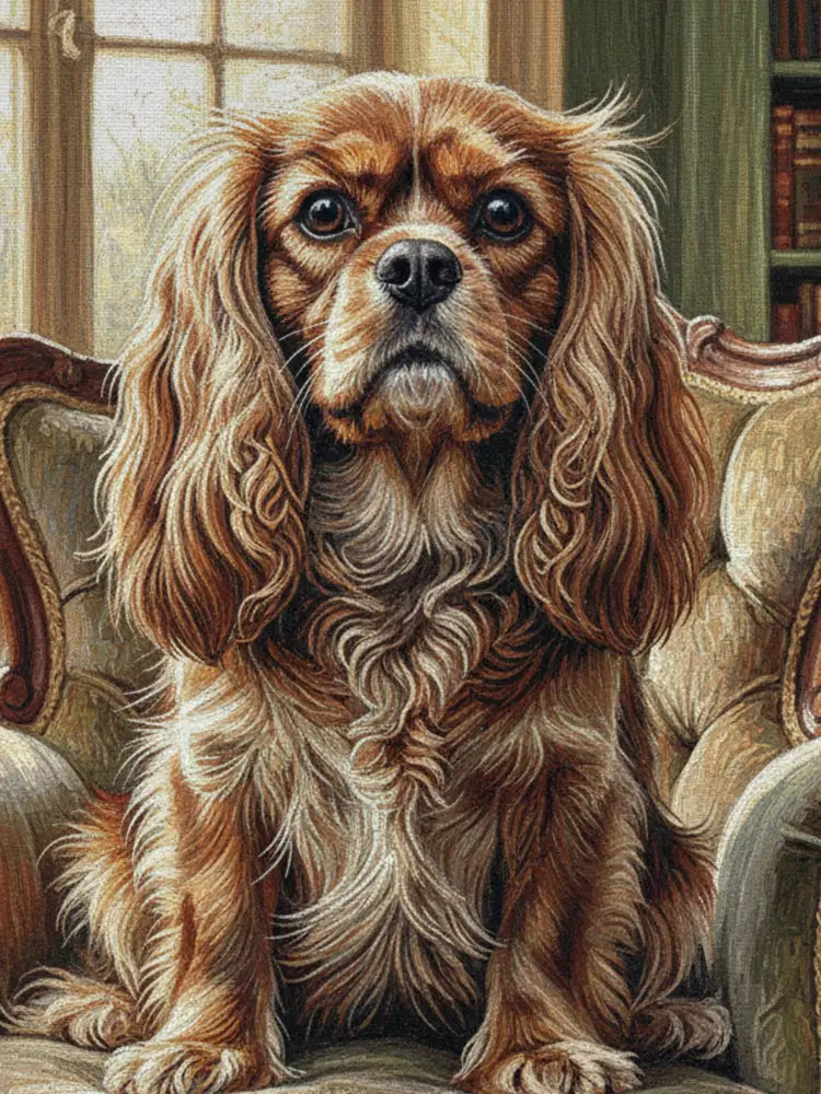 Fluffy Cavalier King Charles Spaniel on cotton heritage blanket, pet lover gift