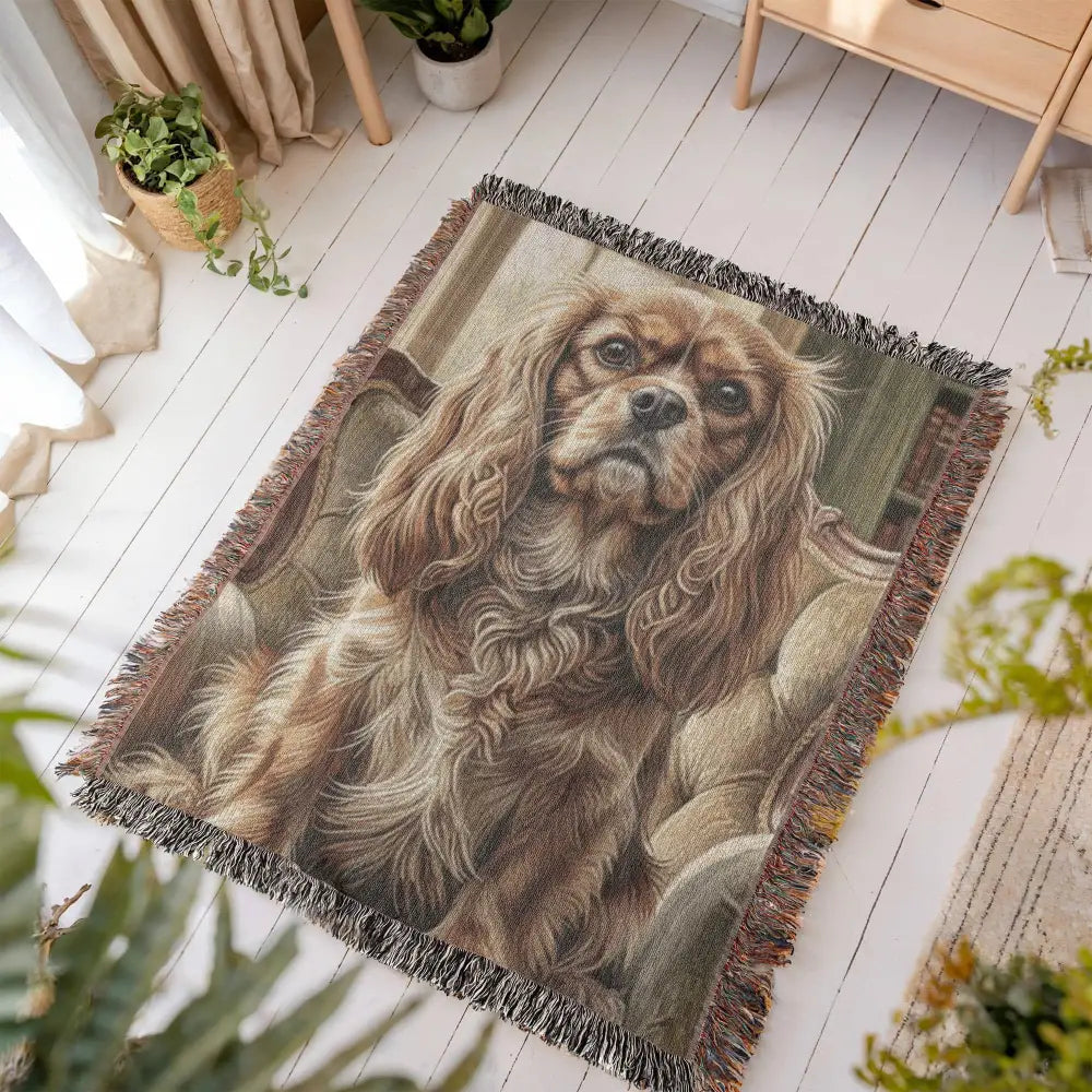 Cavalier King Charles spaniel on cotton heritage blanket pet lover gift