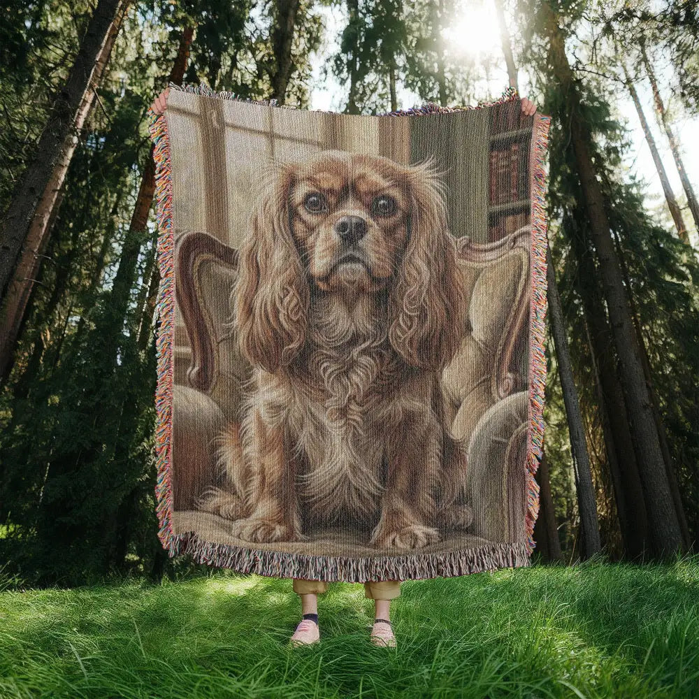 Cavalier King Charles Spaniel on ornate chair in cotton heritage blanket