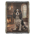 Cavalier King Charles Spaniel on cotton tapestry woven blanket in library