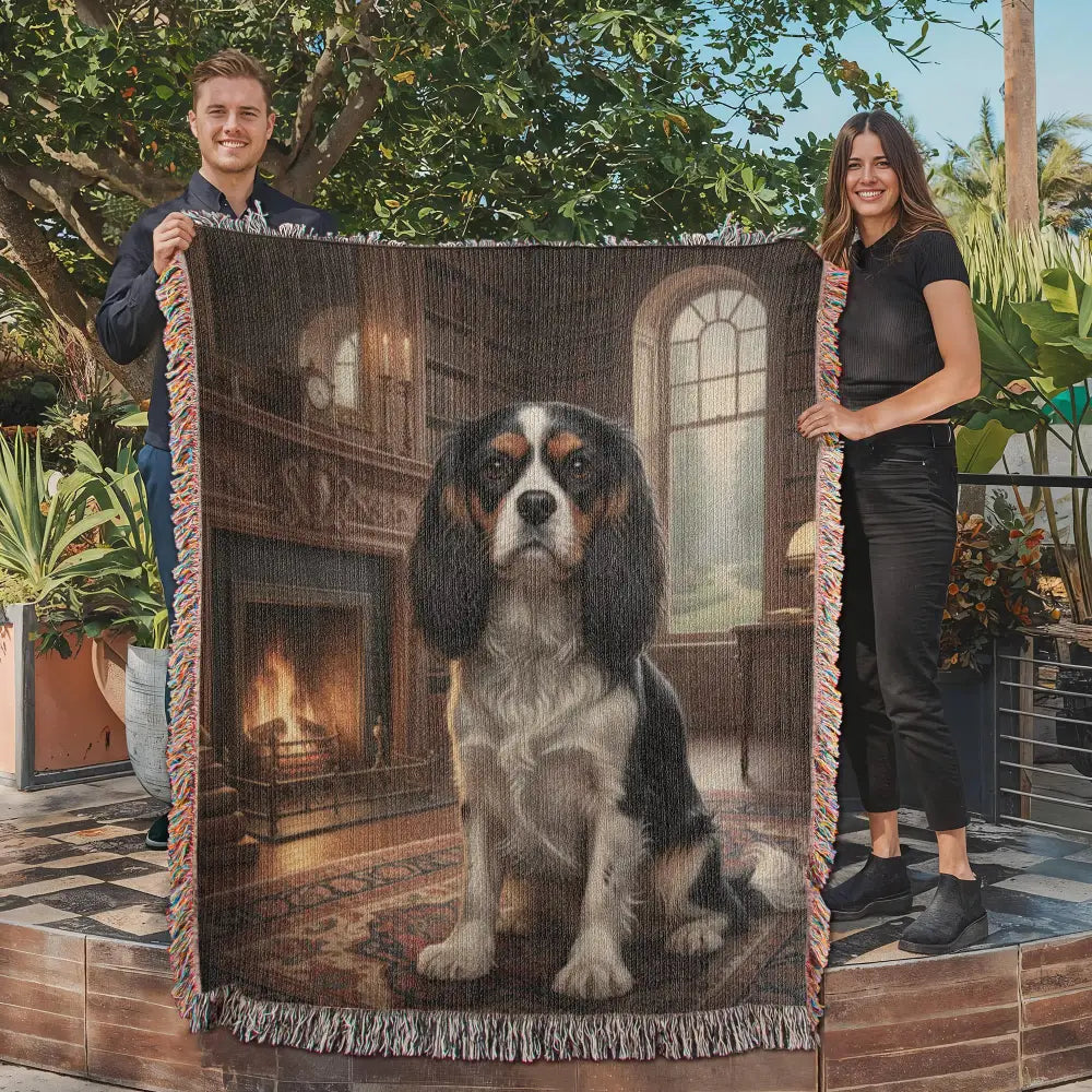 Cavalier King Charles Spaniel on 100% cotton tapestry woven blanket by fireplace