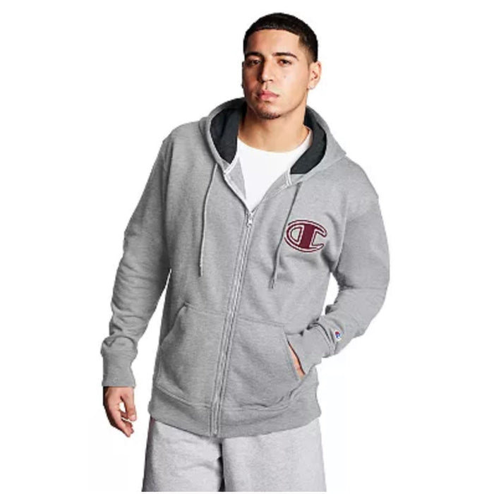 Champion Gray / LG Champion Fleece Zip Hoodie, Chainstitch Outline C Logo Men 973 *