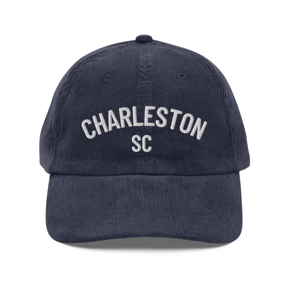 Vintage corduroy navy blue baseball cap embroidered with Charleston SC