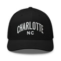 Black Charlotte NC trucker hat by Trini Skies, embroidered corduroy cap