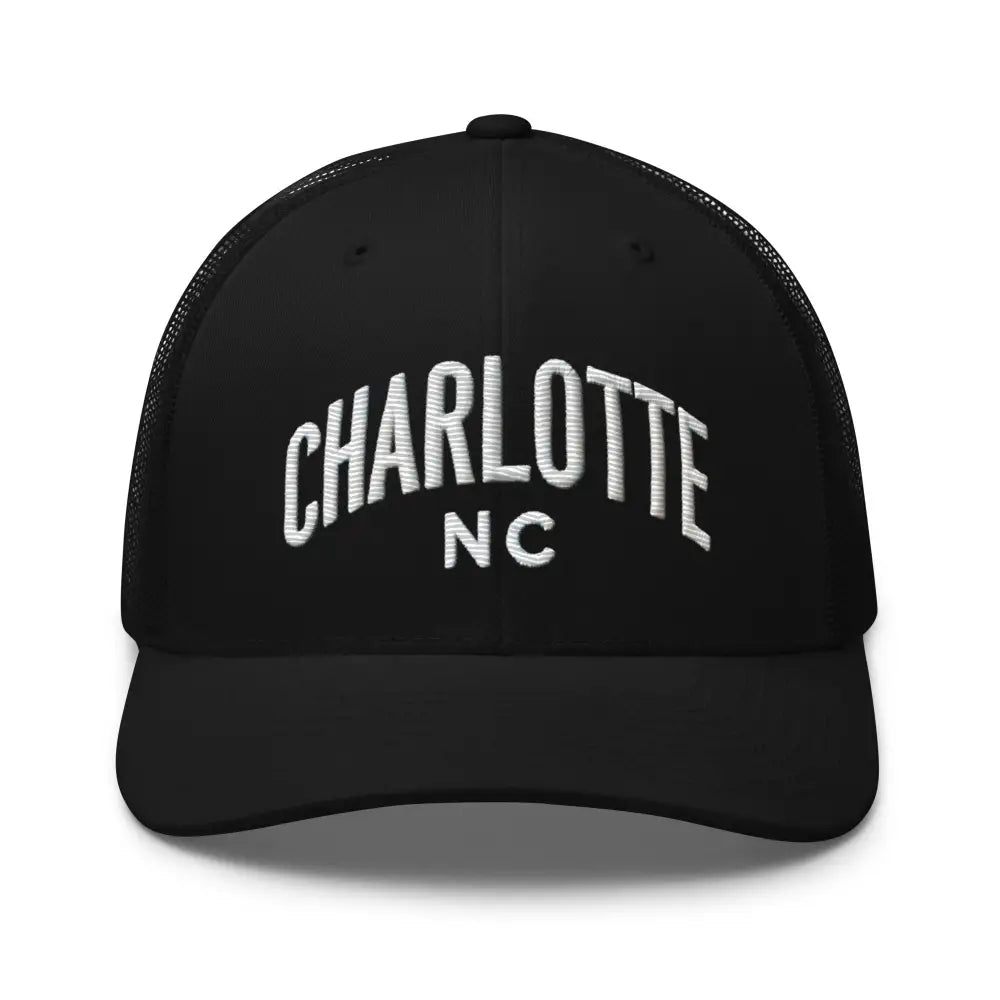 Black Charlotte NC trucker hat by Trini Skies, embroidered corduroy cap