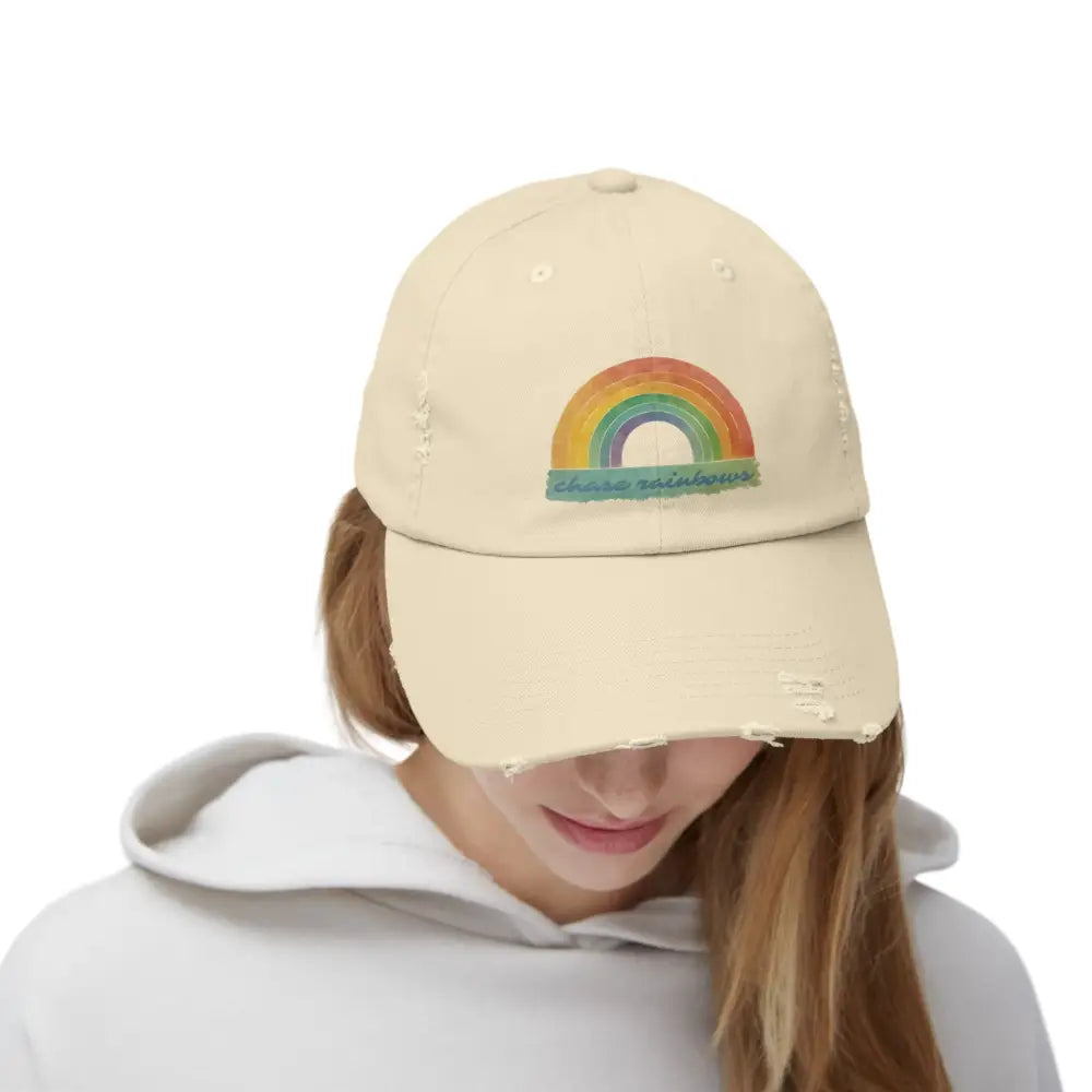 Chase Rainbows distressed embroidered beige baseball cap with rainbow design