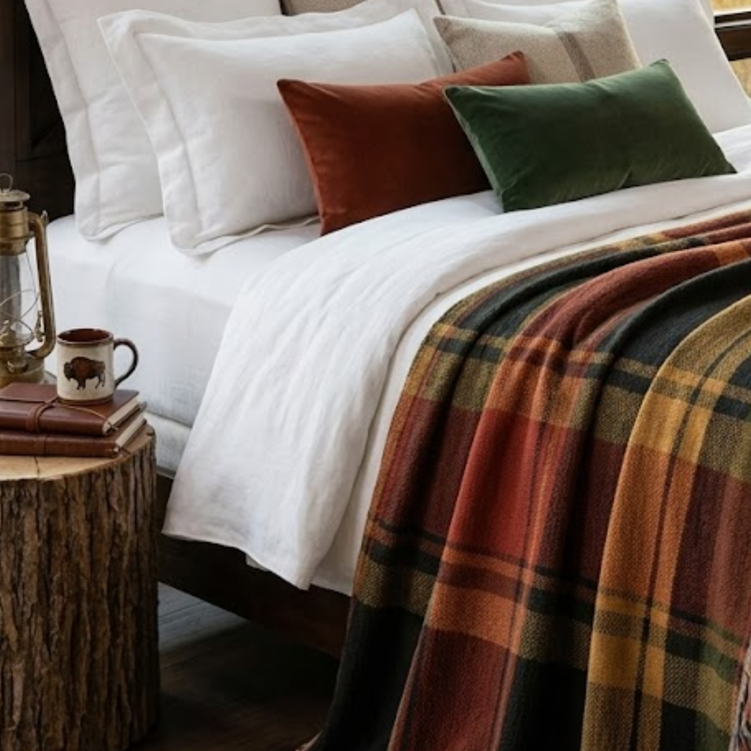 Bed with plaid blanket and pillows, accompanied by a wooden side table with a mug and books.
