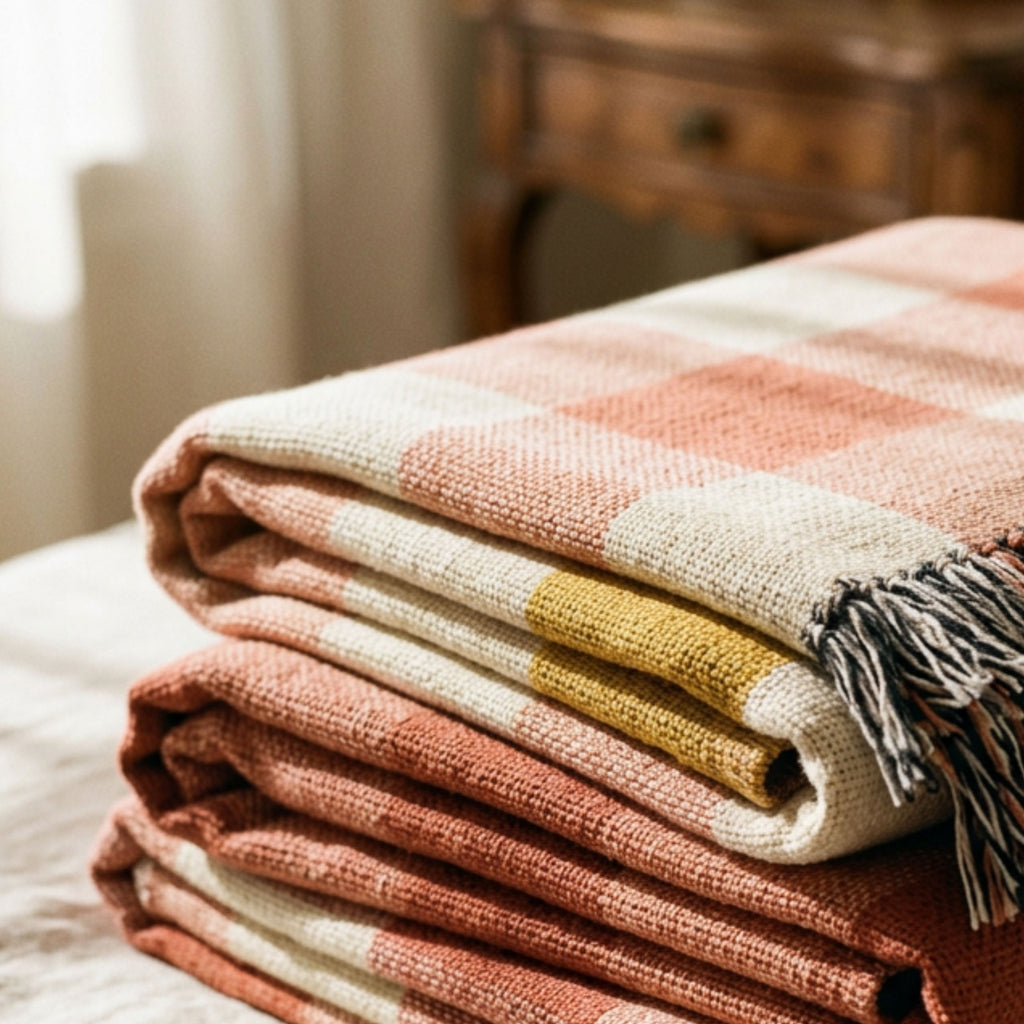 Folded stack of the Strawberry gingham woven cotton throw blanket in coral, terracotta, and cream, showing the jacquard weave texture and mustard-yellow accent square — Trini Skies
