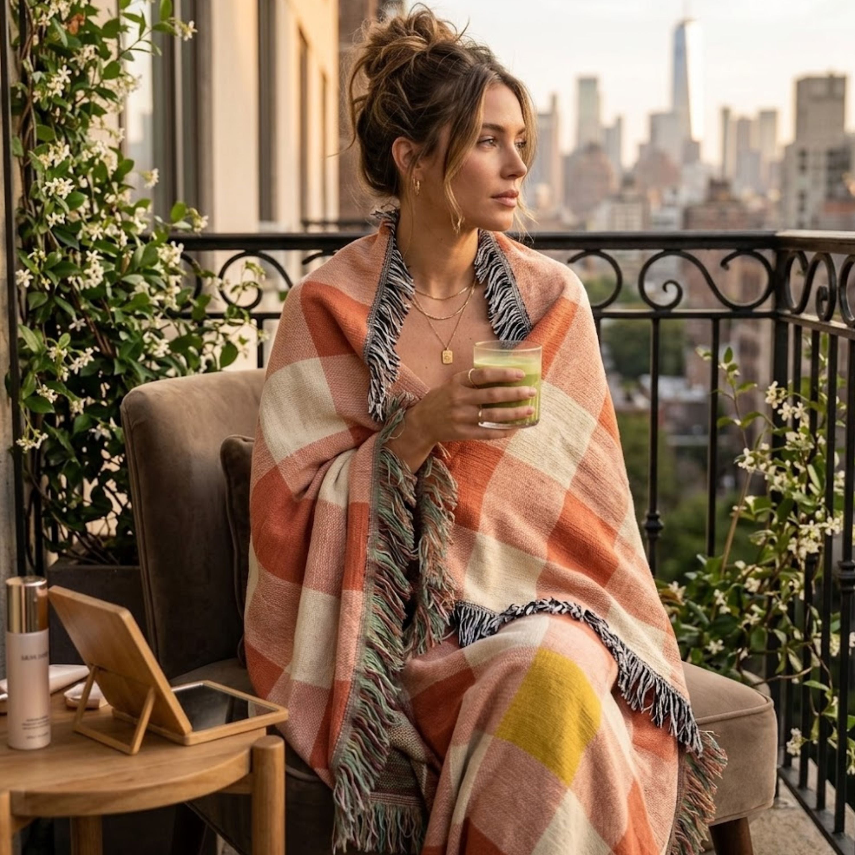 Woman wrapped in the Strawberry gingham woven cotton throw blanket in coral, terracotta, and cream, sitting on a rooftop balcony with a city skyline at dusk — Trini Skies