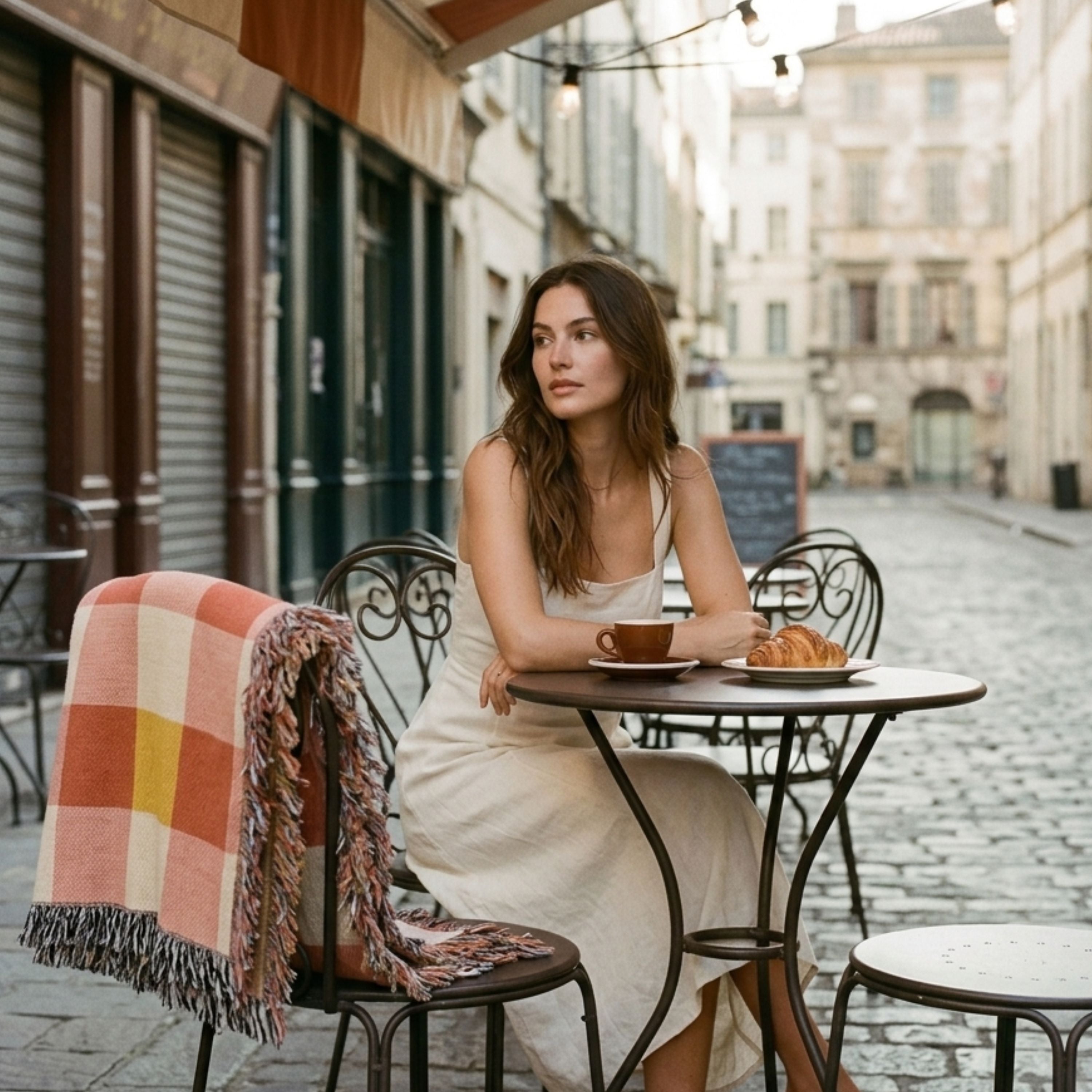 Woman wrapped in the Strawberry gingham woven cotton throw blanket in coral, terracotta, and cream, sitting at an outdoor café table — Trini Skies