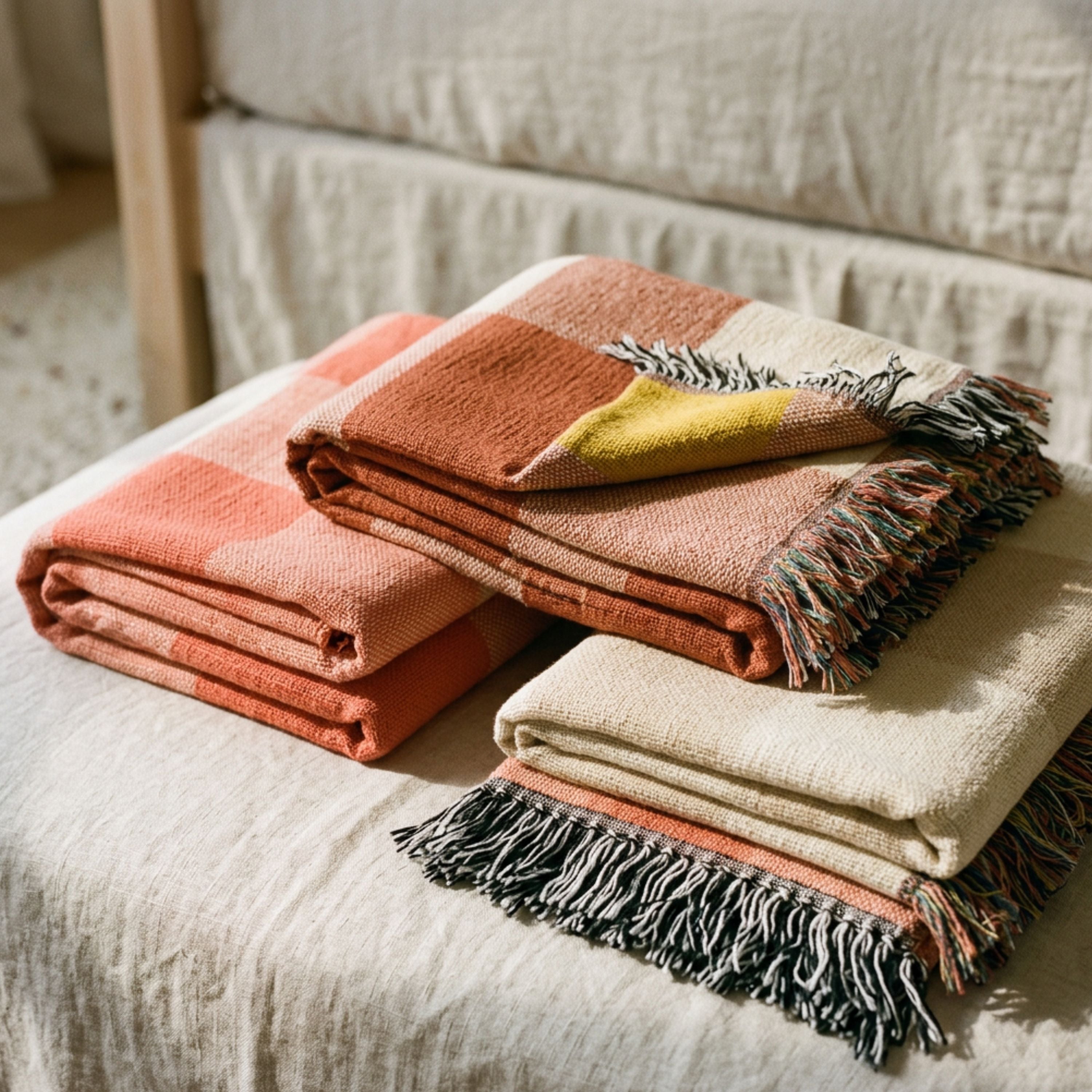 Strawberry gingham woven cotton throw blanket in coral, terracotta, and cream, draped across a bed, showing the 100% cotton jacquard check pattern and fringe edge — Trini Skies