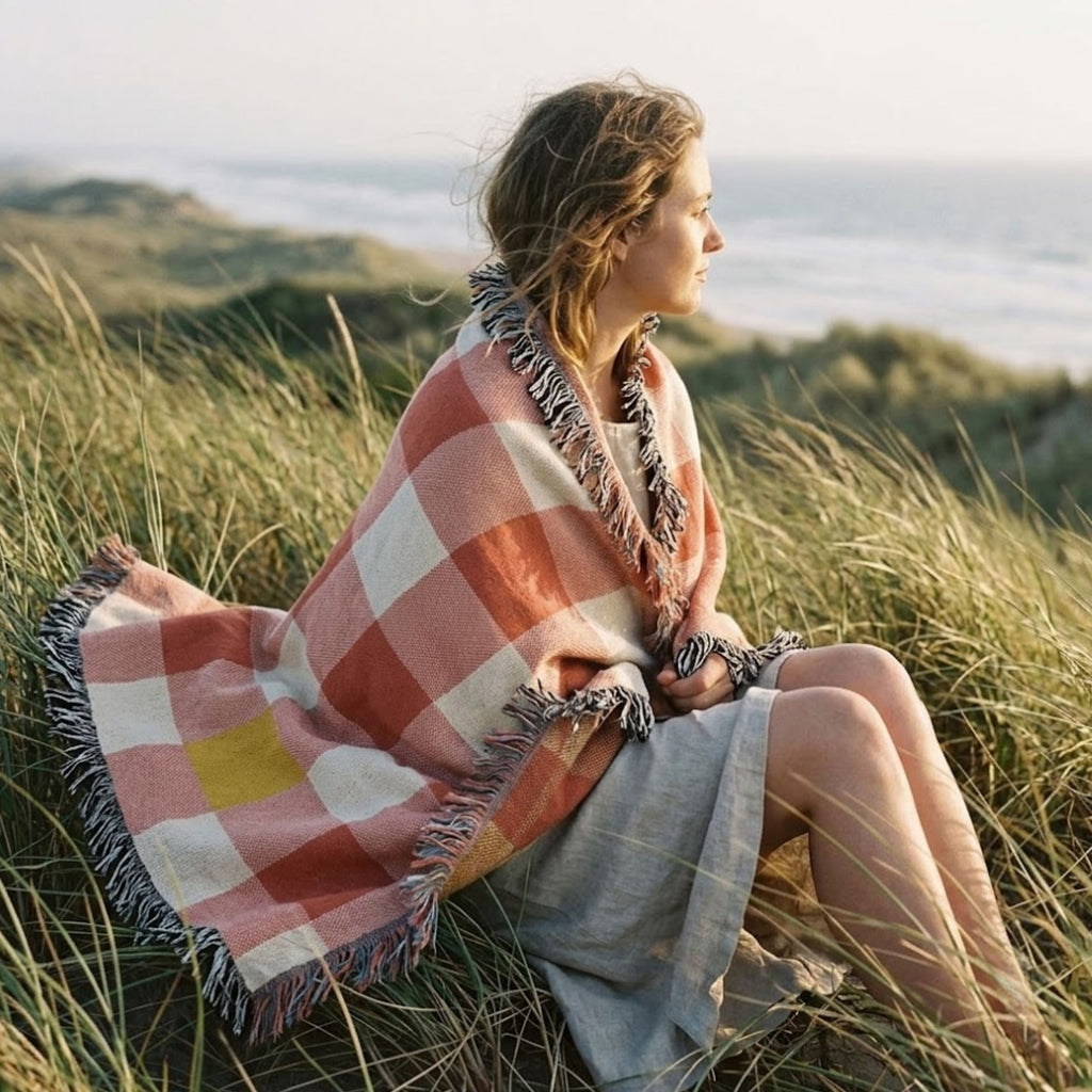 Woman wrapped in the Strawberry gingham woven cotton throw blanket in coral, terracotta, and cream, sitting on a coastal hillside overlooking the water — Trini Skies