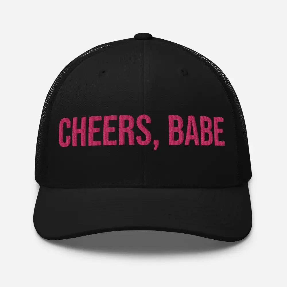 Black mesh-back Trini Skies trucker hat with cheers babe embroidered text
