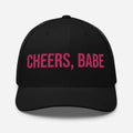 Black mesh-back Trini Skies trucker hat with cheers babe embroidered text