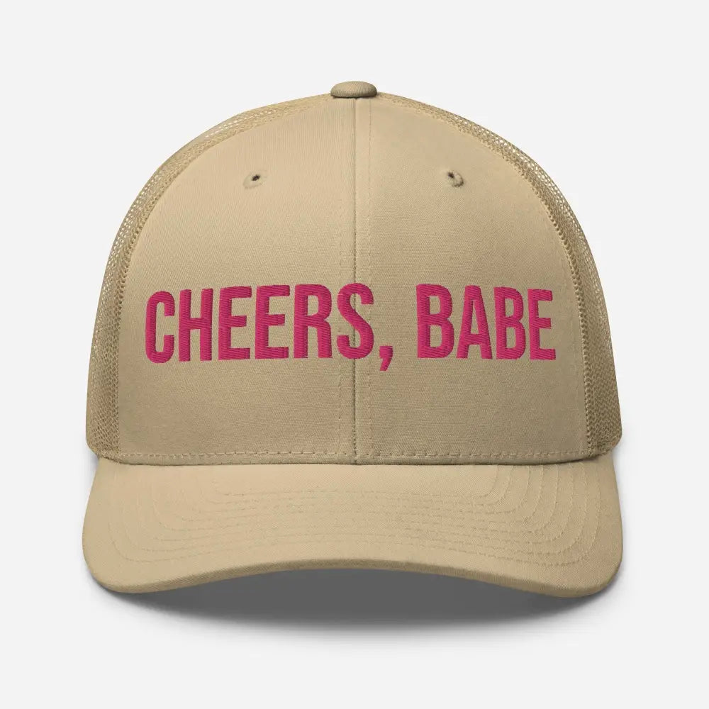 Tan Trini Skies trucker hat with cheers babe embroidered in pink