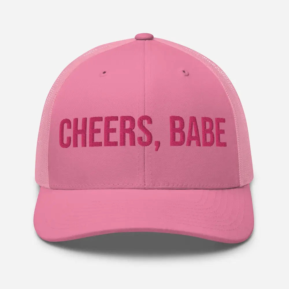 Pink Trini Skies trucker hat with cheers babe embroidered design