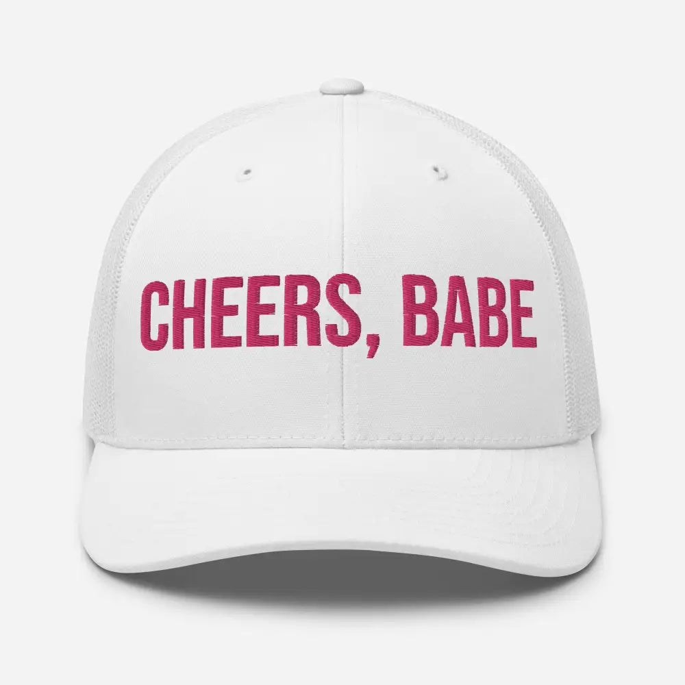 White Trini Skies Trucker Hat with Cheers Babe Embroidered Pink Letters
