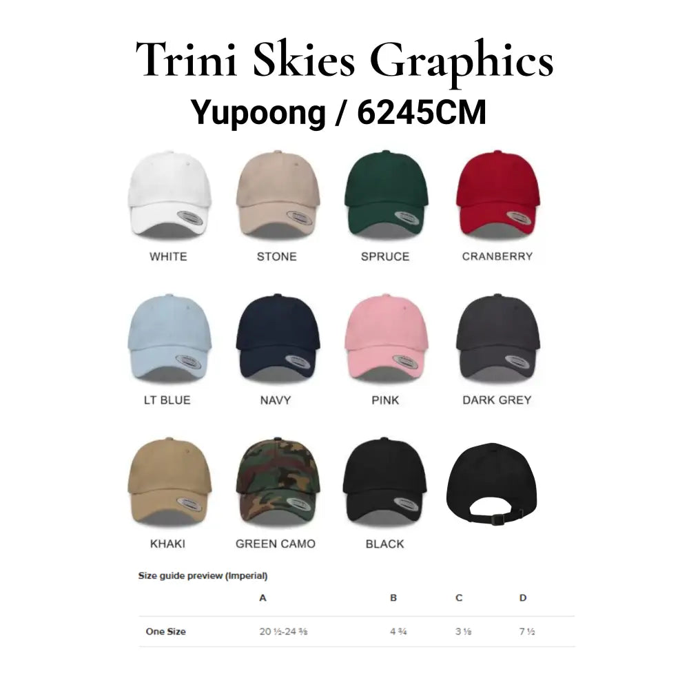 Yupoong dad hat grid: 12 Bay Bound Crab Hats in colors, back view, size guide