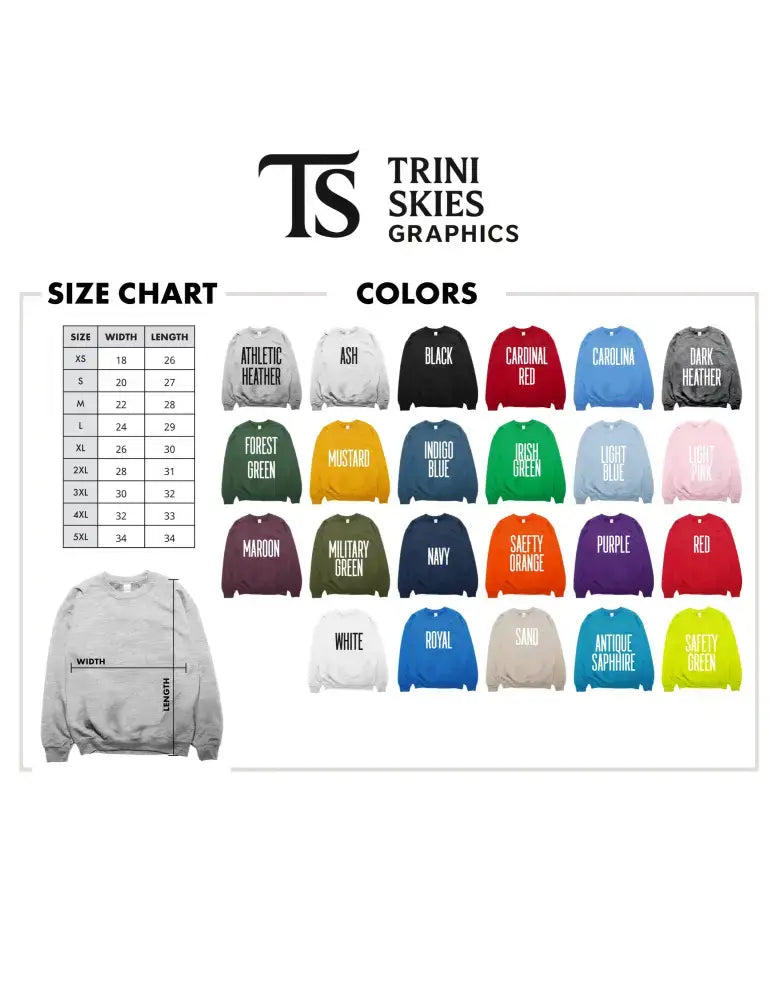 Size and color chart for Trini Skies Potato Cat sweatshirt