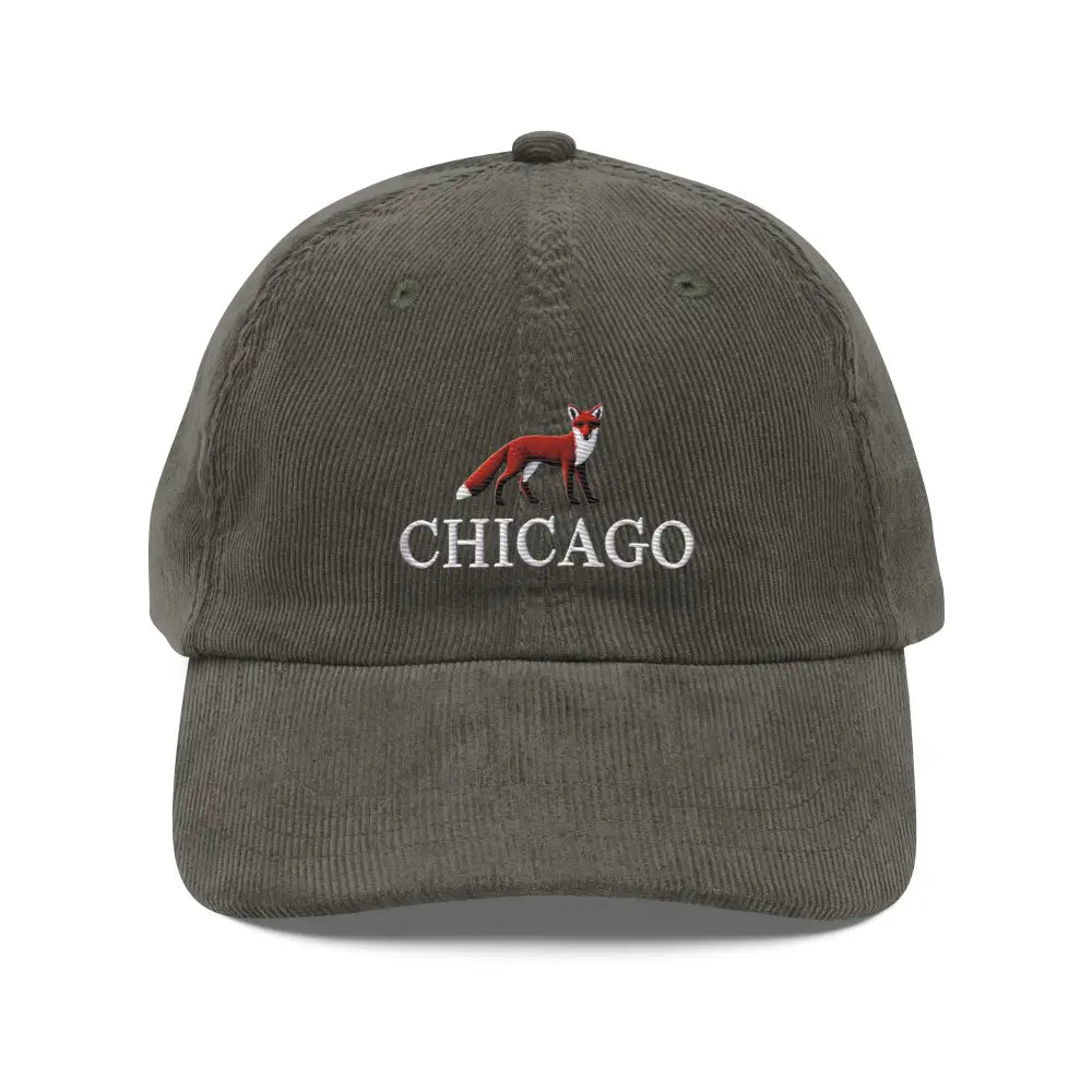 Trini Skies vintage corduroy olive green cap with red fox embroidery