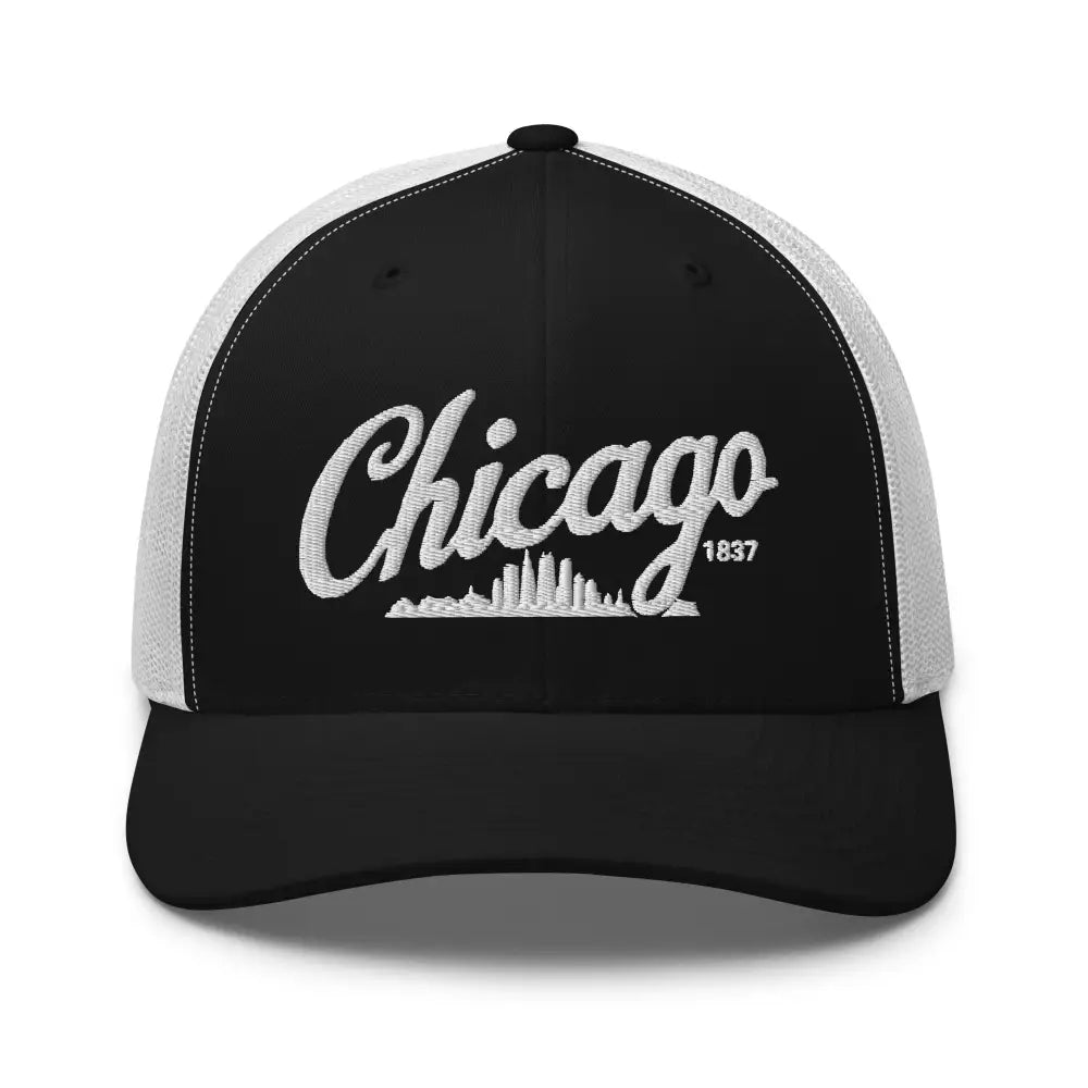 Black and white Chicago embroidered trucker hat with 1837 skyline