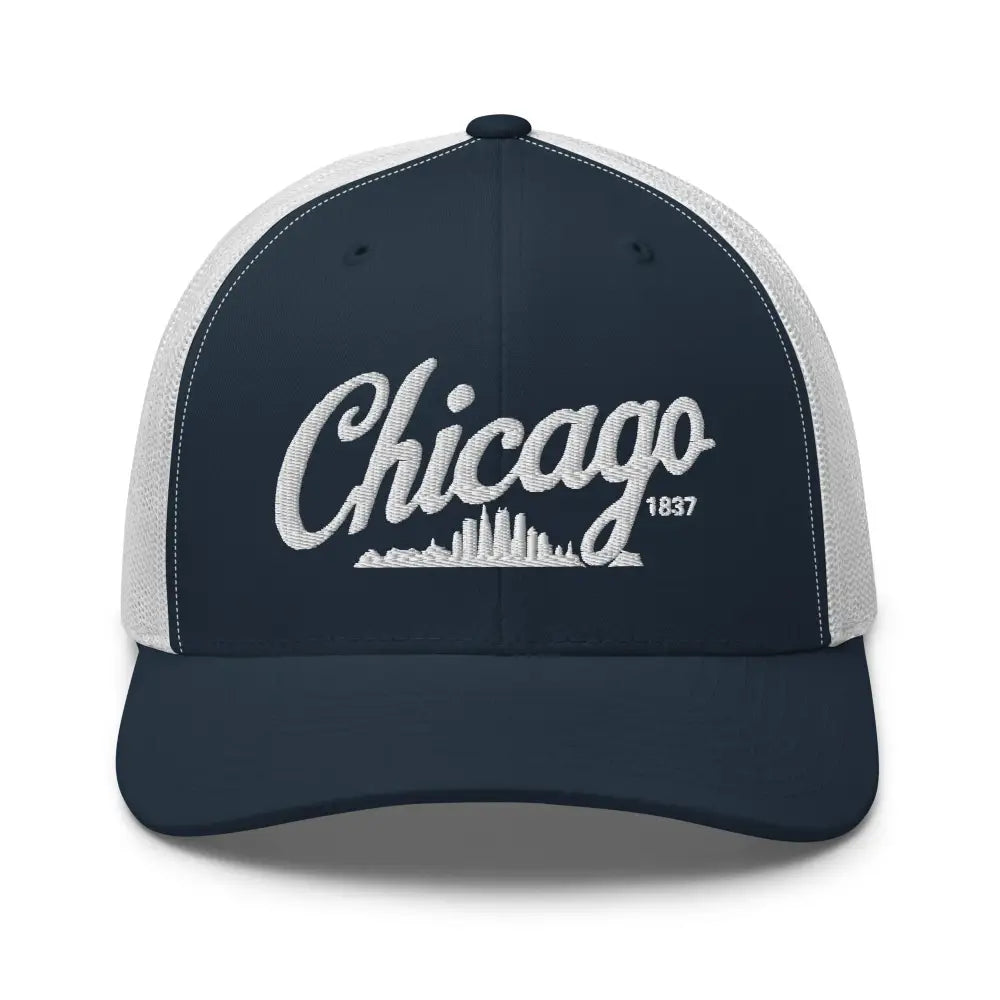 Stylish Chicago embroidered trucker hat with 1837 skyline