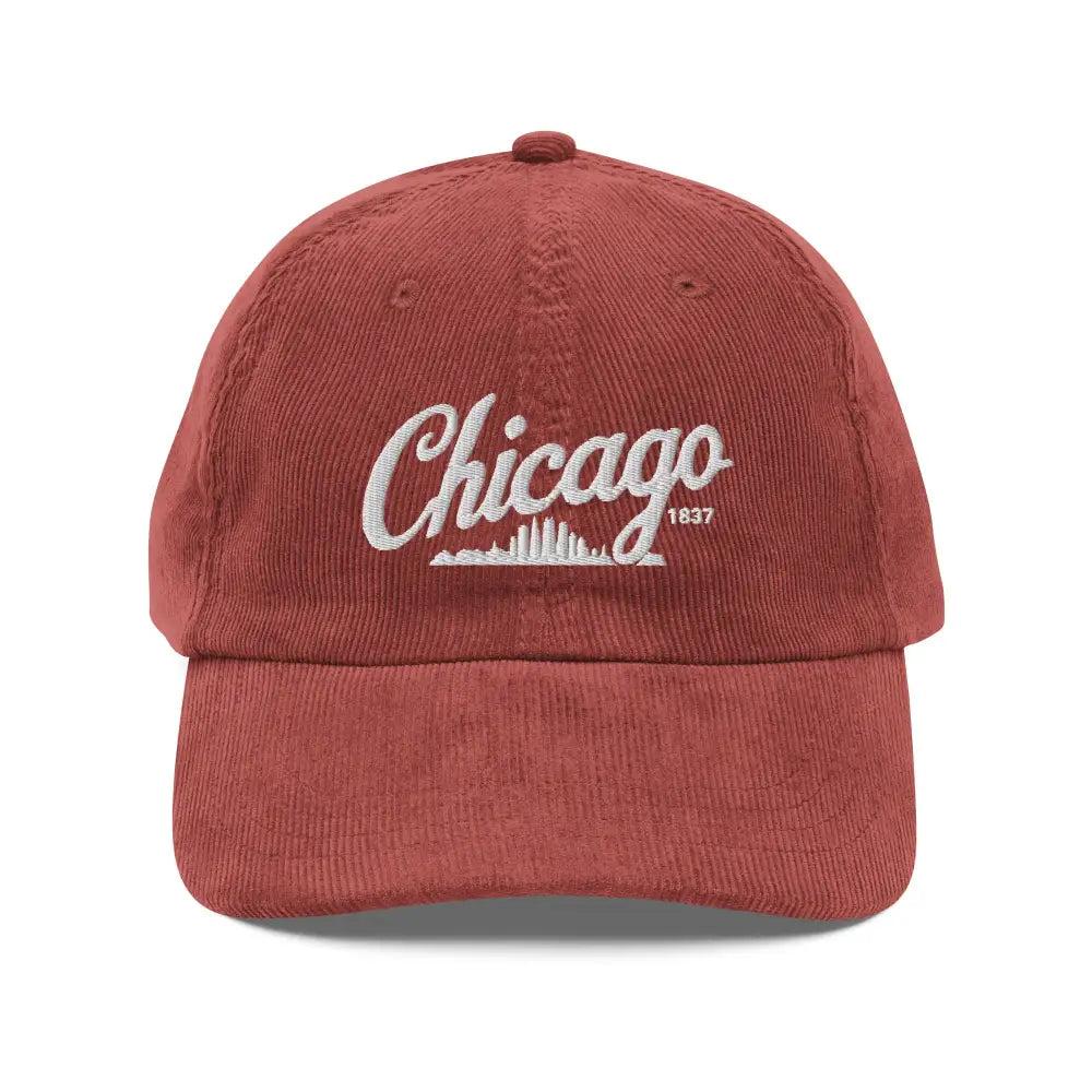 Red Chicago embroidered vintage corduroy cap with 1837 skyline