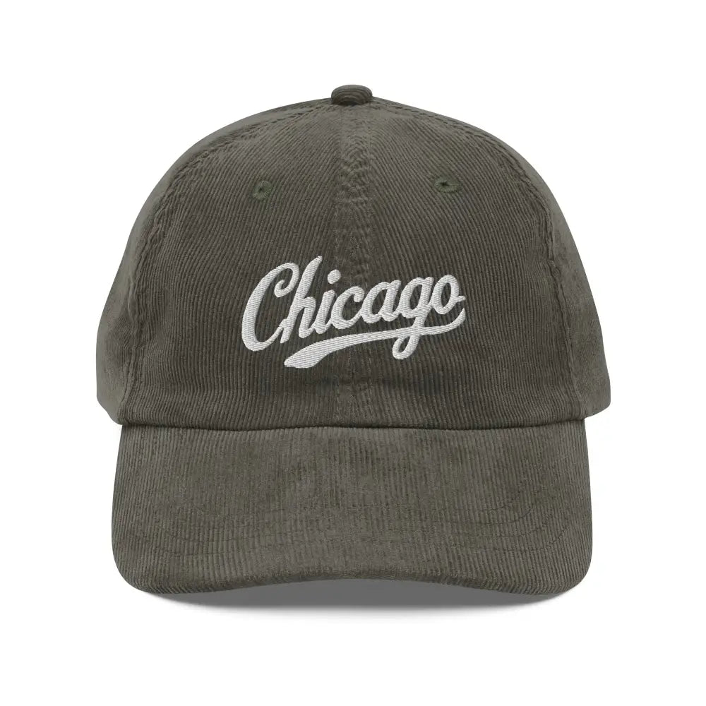 Chicago embroidered vintage dark green corduroy cap with gold-colored buckle